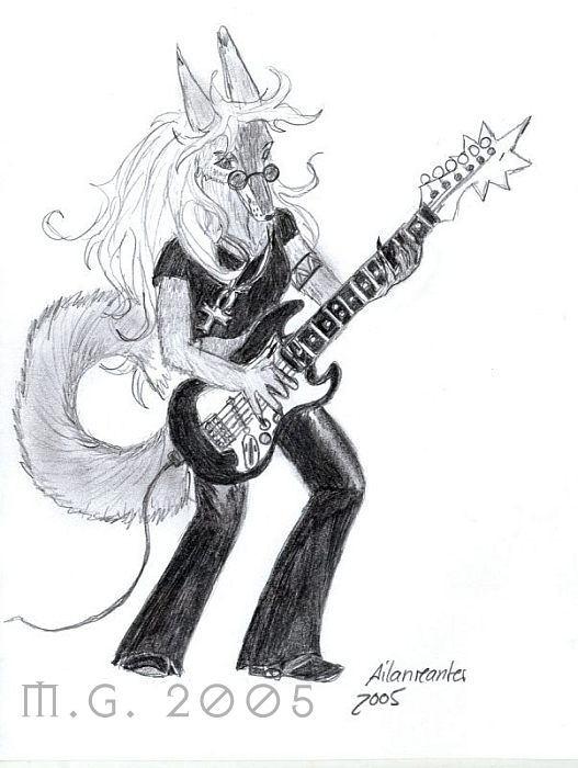 Fuzzball plays the E-guitar, wearing modern clothes